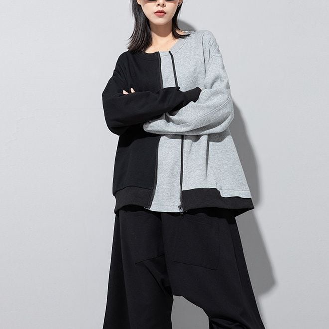 ASYMMETRIC ZIPPER CONTRAST RELAXED SWEATSHIRT M-18189