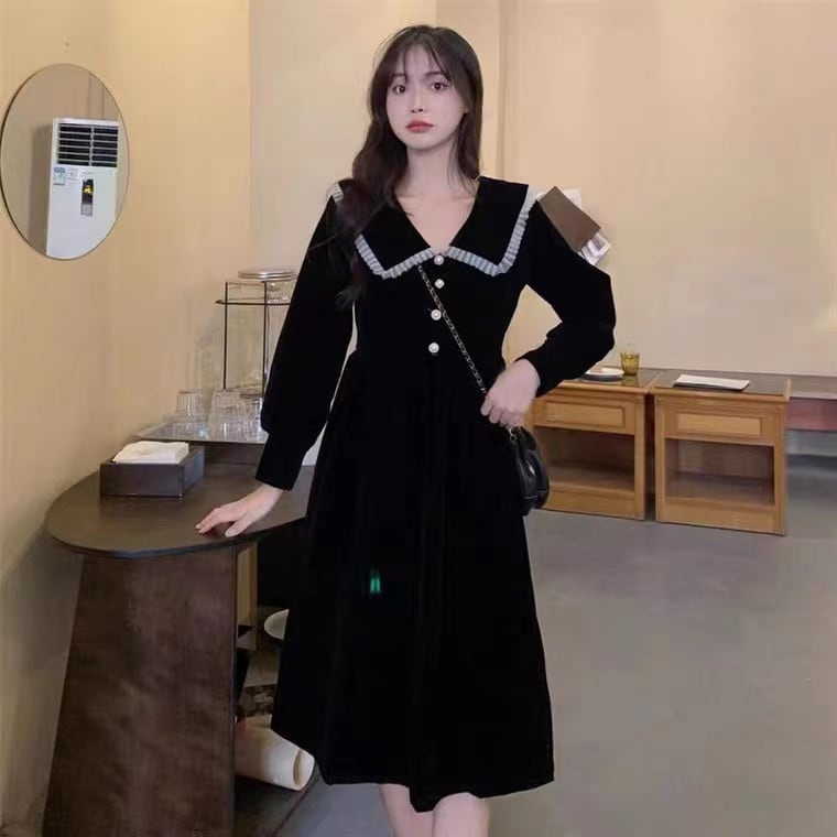 【新作】【送料無料】 ジッパー付きのオリジナルスタイル、品質、ガーリーでシックなデザイン、ベルベットドレス、秋冬のスリムリトルブラックドレス 0247680315869