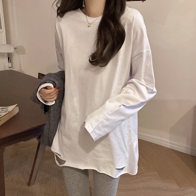 ホワイトシャツ スプリングスタイル長袖スリーブTシャツ ロング 春物 試着室25131340320