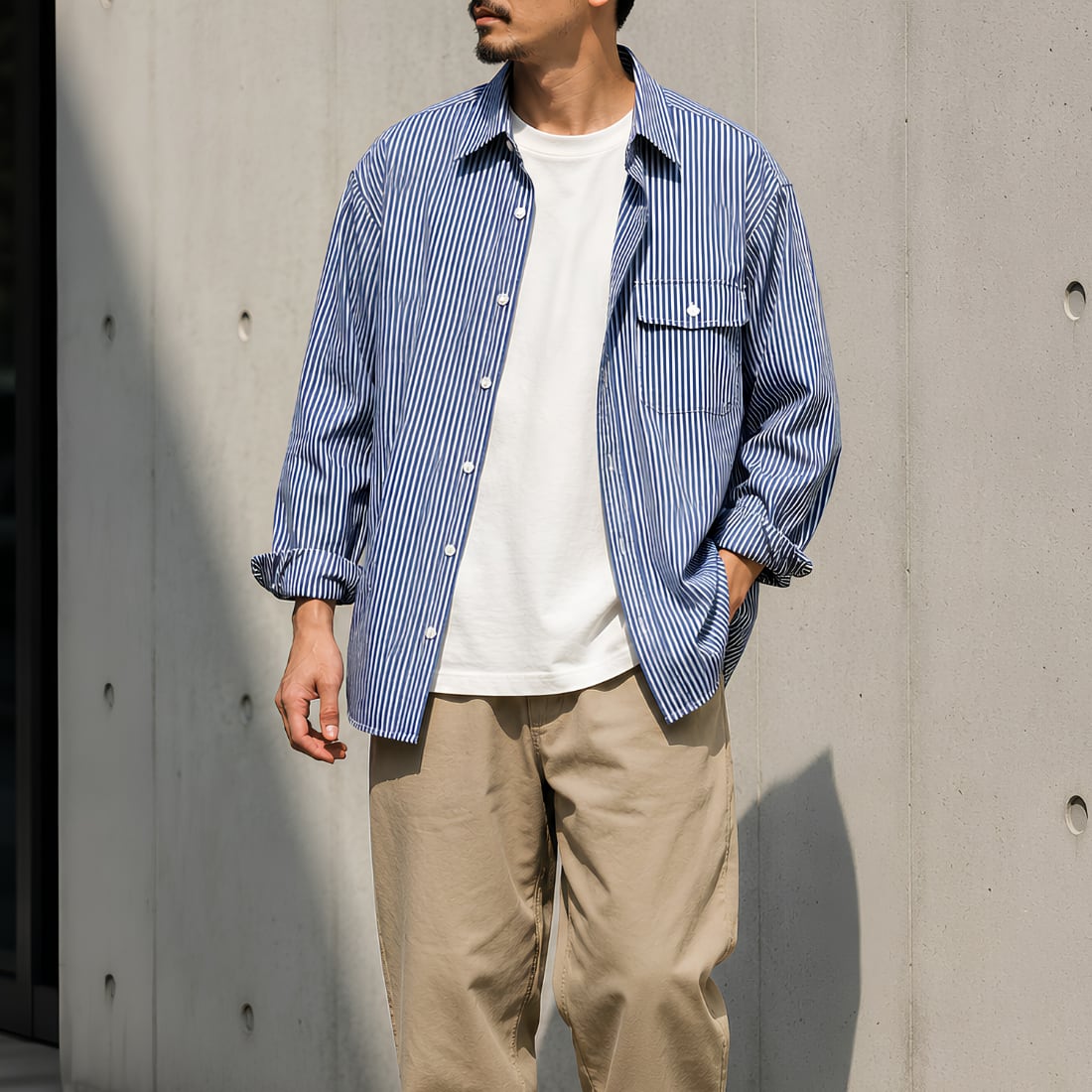 【H1169】oversized stripe pattern long sleeve shirt / 2color