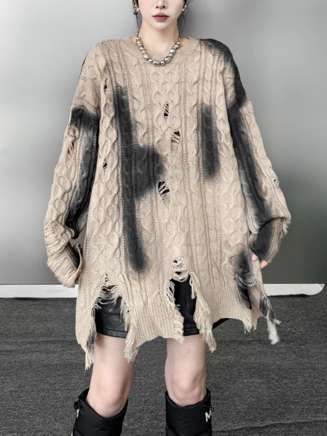 Ink-printed distressed knit 2color [T2584]