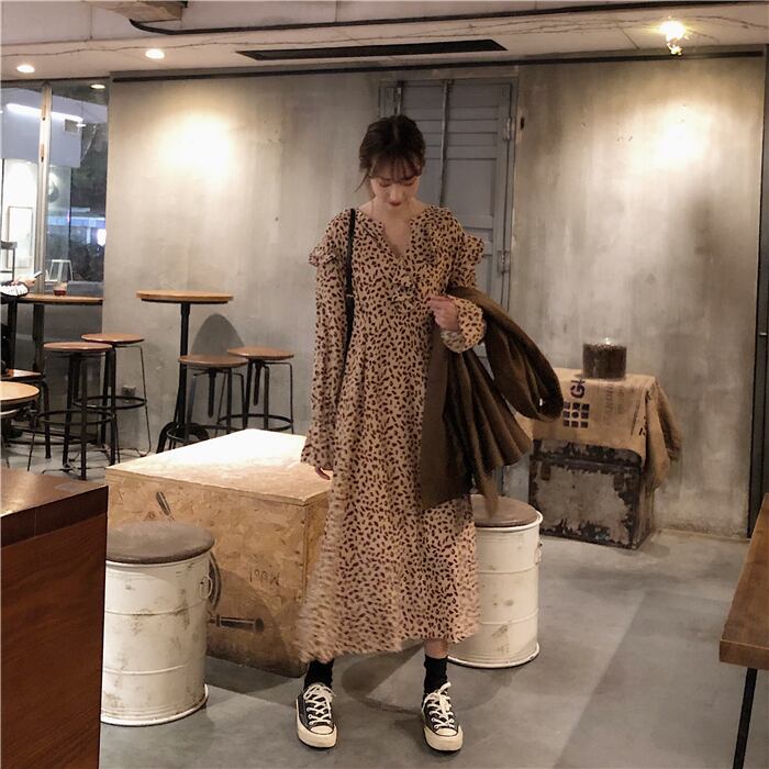 レオパードワンピース レオパード レオパード柄 ヒョウ柄ワンピース ヒョウ柄 ワンピース ロングワンピース レトロ カジュアル フォーマル 長袖 ロング丈 韓国 オルチャン 韓国ファッション 新作 春夏 春 夏 2colors Ut 517