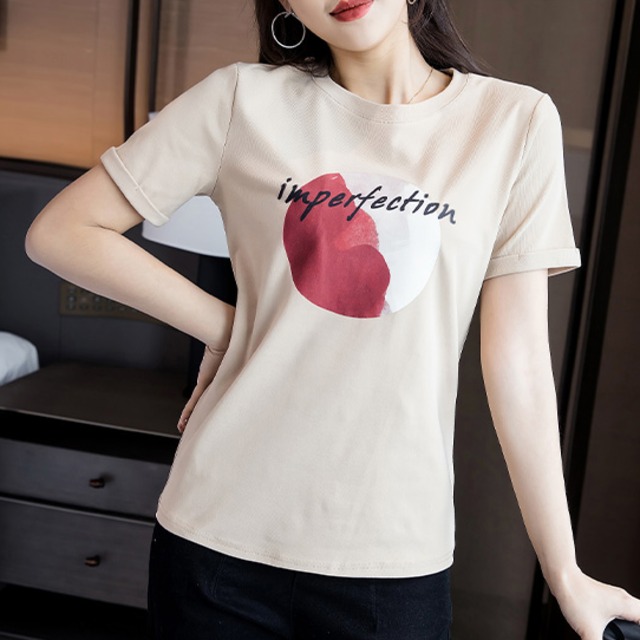 【送料無料】4カラー 半袖 デザイン Tシャツ コットン カットソー 幾何学模様 テキスト入 丸首 プルオーバー 韓国トレンド 大人カジュアル ベーシック オシャレ カラフル 春夏 アプリコット ホワイト ピンク ブラック 通学 レジャー スポーティ 旅行 普段使い シティー デート お出かけ 女子会 デイリー TP-209KW