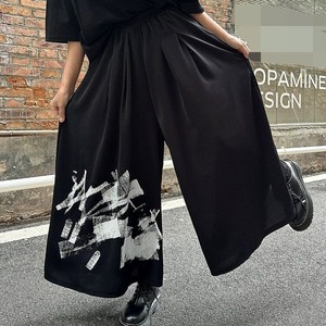 BLACK PRINT ELASTIC WAIST A-LINE WIDE LEG PANTS 1color M-16261