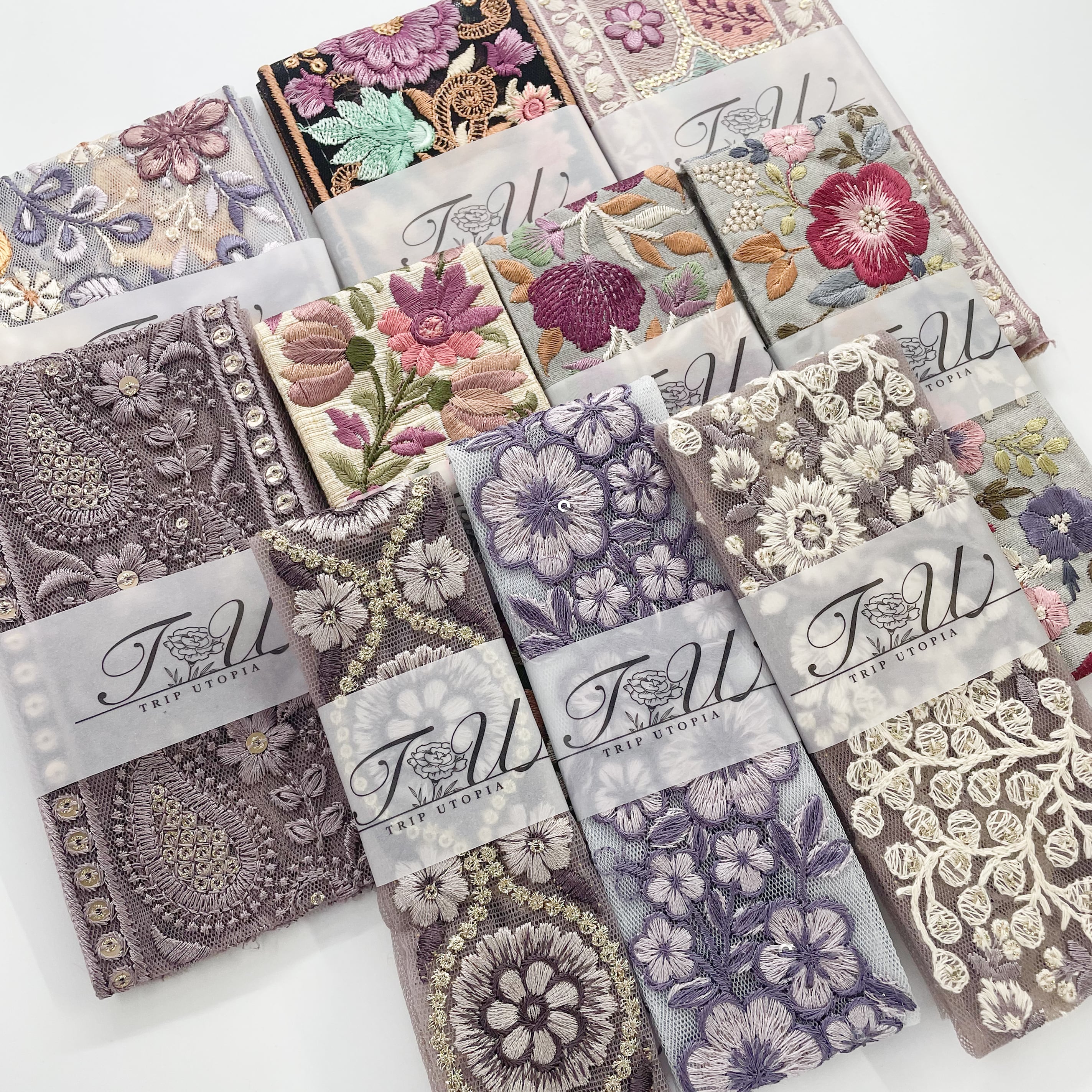 数量限定】パープル系インド刺繍リボンセット（50cmカット10本入り