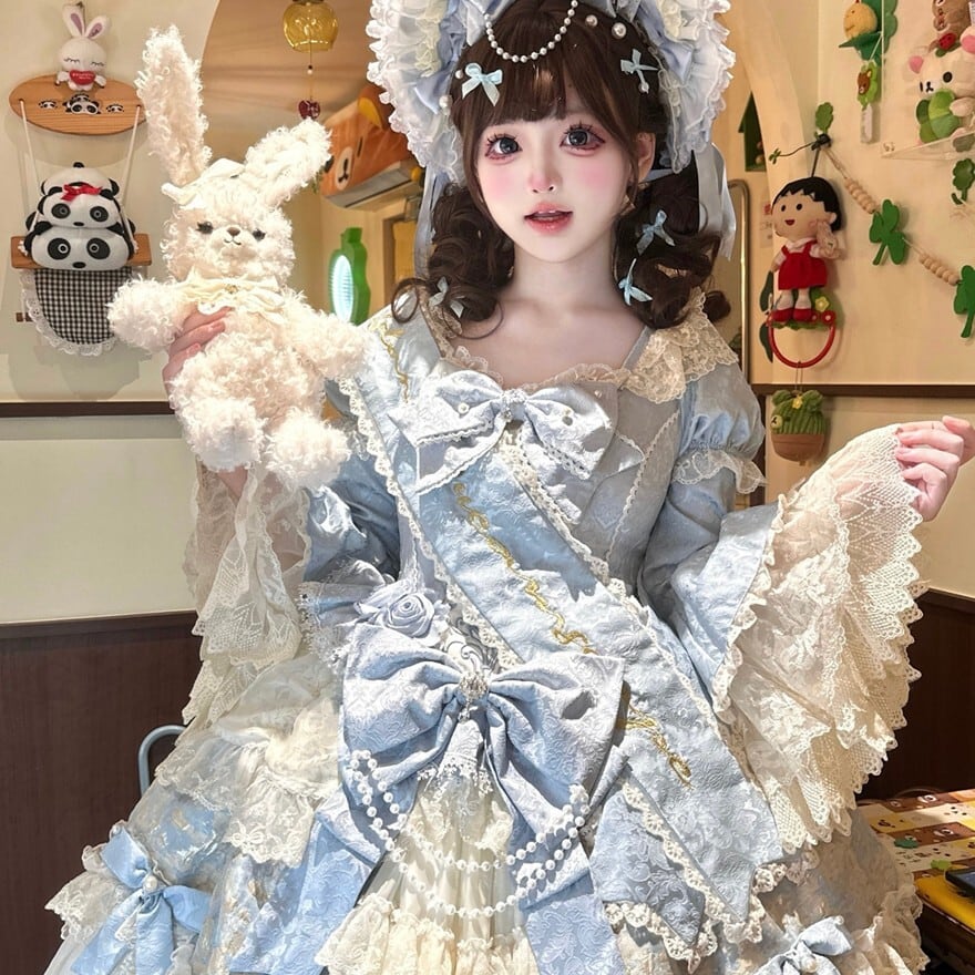 甘ロリセットアップ 水色×白 ボンネット×トレイン付き 豪華姫系ドレス