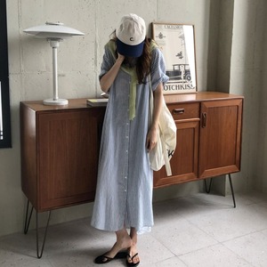 【送料無料】ゆったり ストライプ シャツ ロングワンピース  カジュアルコーデ◎デイリー使いに♩(DM0087)