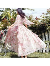 【0062】Pink Flower Chiffon Frill Short Sleeve Dress