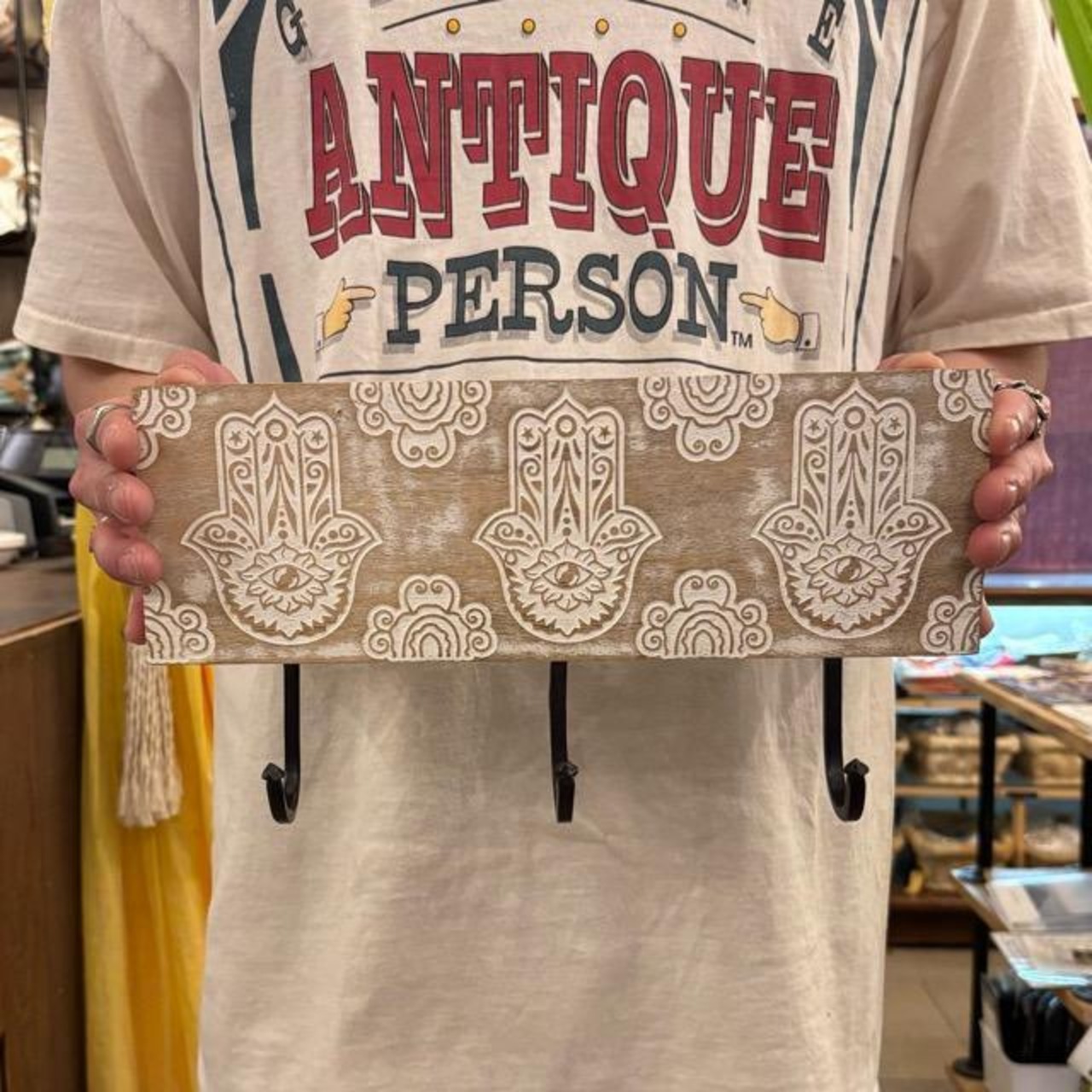 India Wood Wall Hamsa Pattern Hanger Hook インド ウッドウォールハンガーフック ハムサ柄 インテリア 雑貨 フック