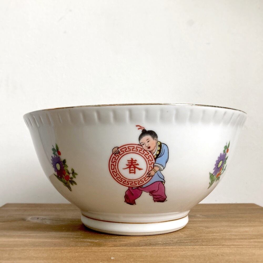 レトロチャイナ皿|小坊主と花のボウルL