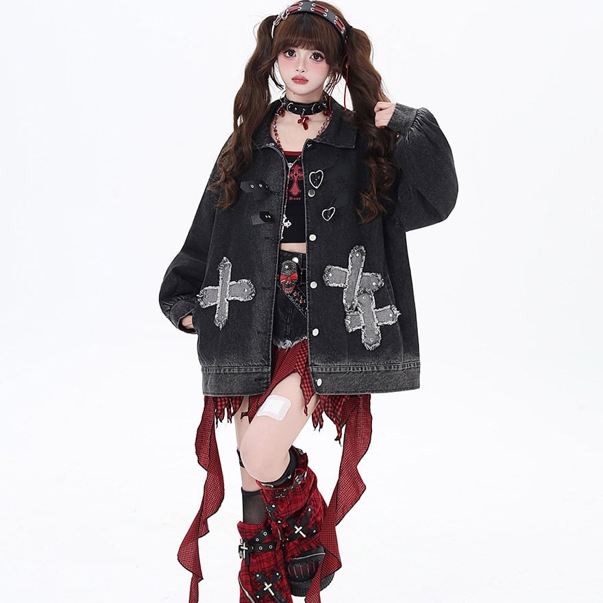 ピースナウ　y2kゴスロリパンクロックフリルハートジャケット ゴスロリ通販 With U 地雷系 CRAZYGIRLシリーズ ジャケット ベルト