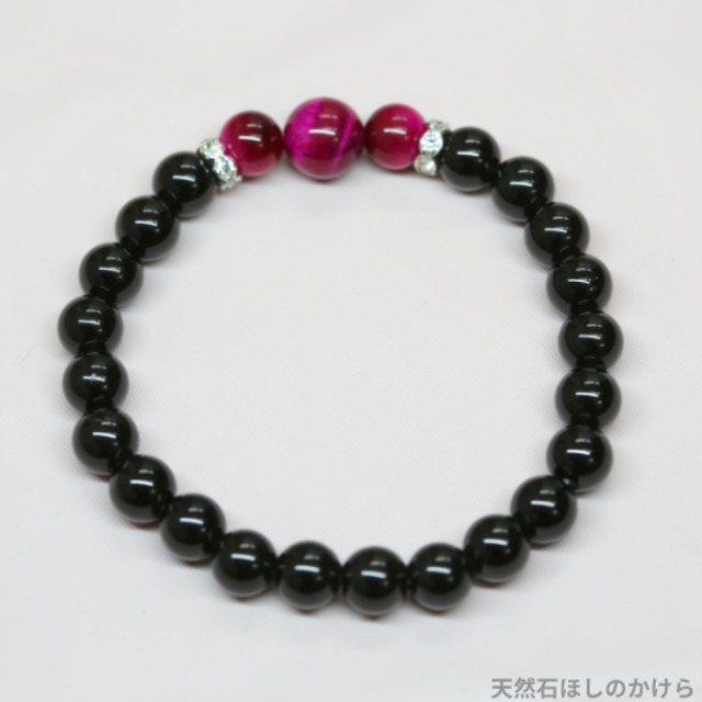 ピンクタイガーアイと黒水晶（モリオン）のブレスレット(767)【ビジネス運・不運を寄せ付けない・人との縁をつなぐ】