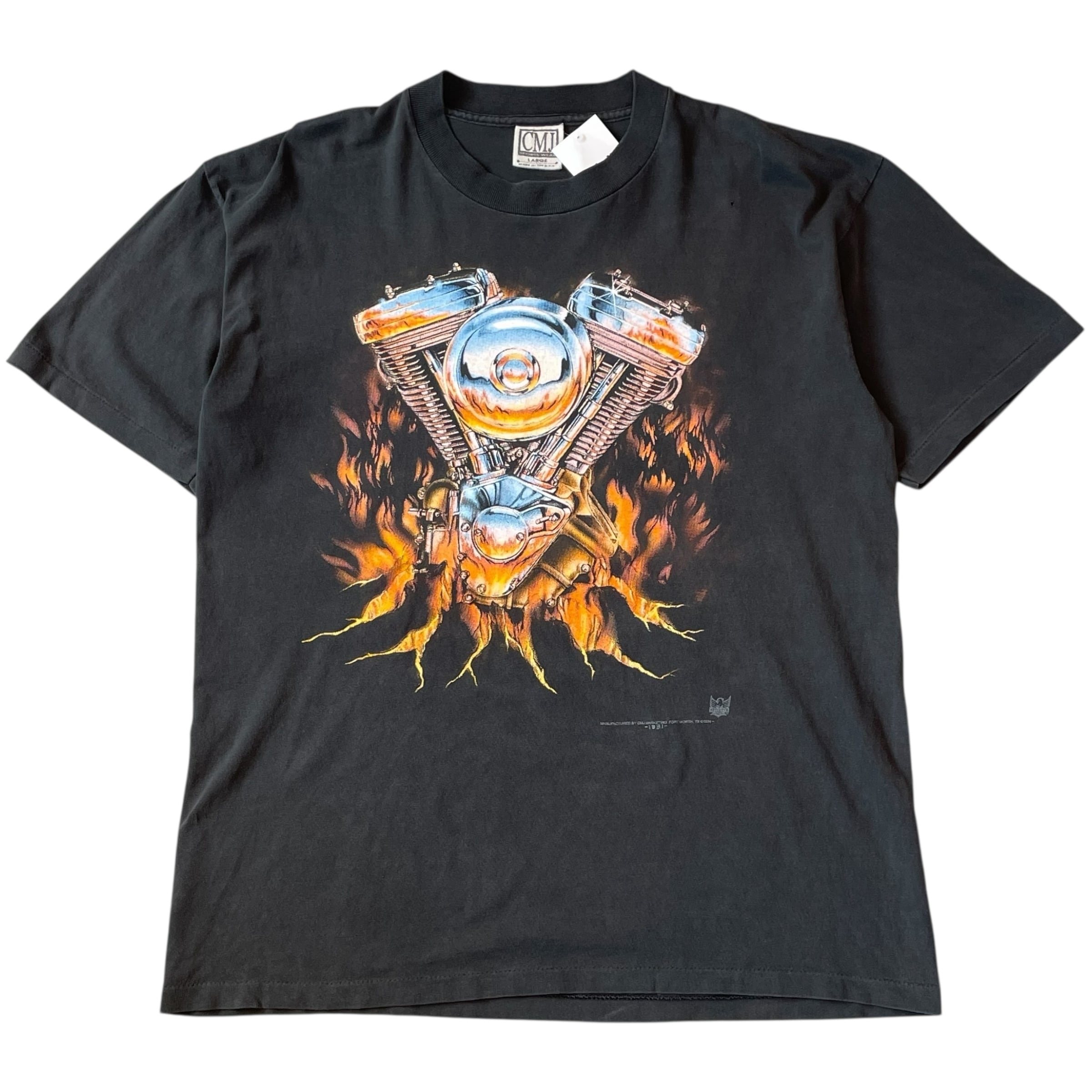 1994s American Biker "engine × Fire" T-shirt