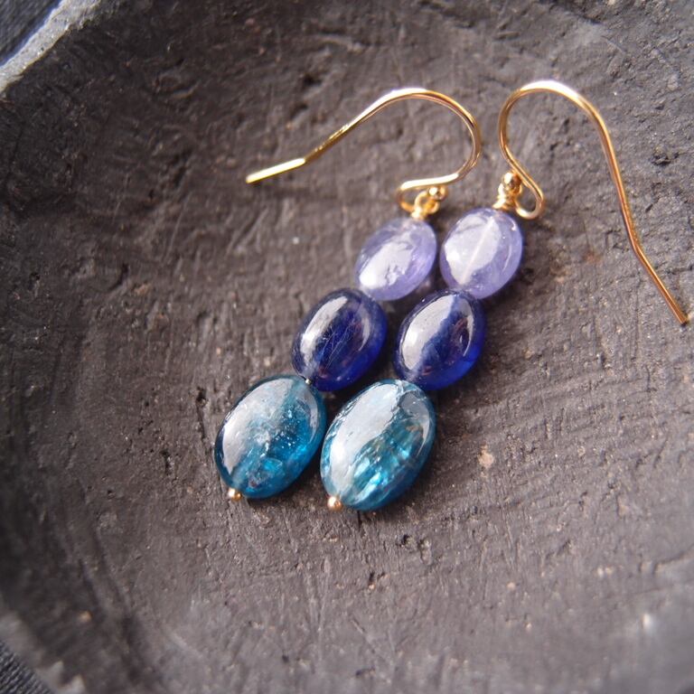 【K14gf】Three colors Earrings/タンザナイト×ブルーサファイア×カイヤナイト ピアス(Oval)