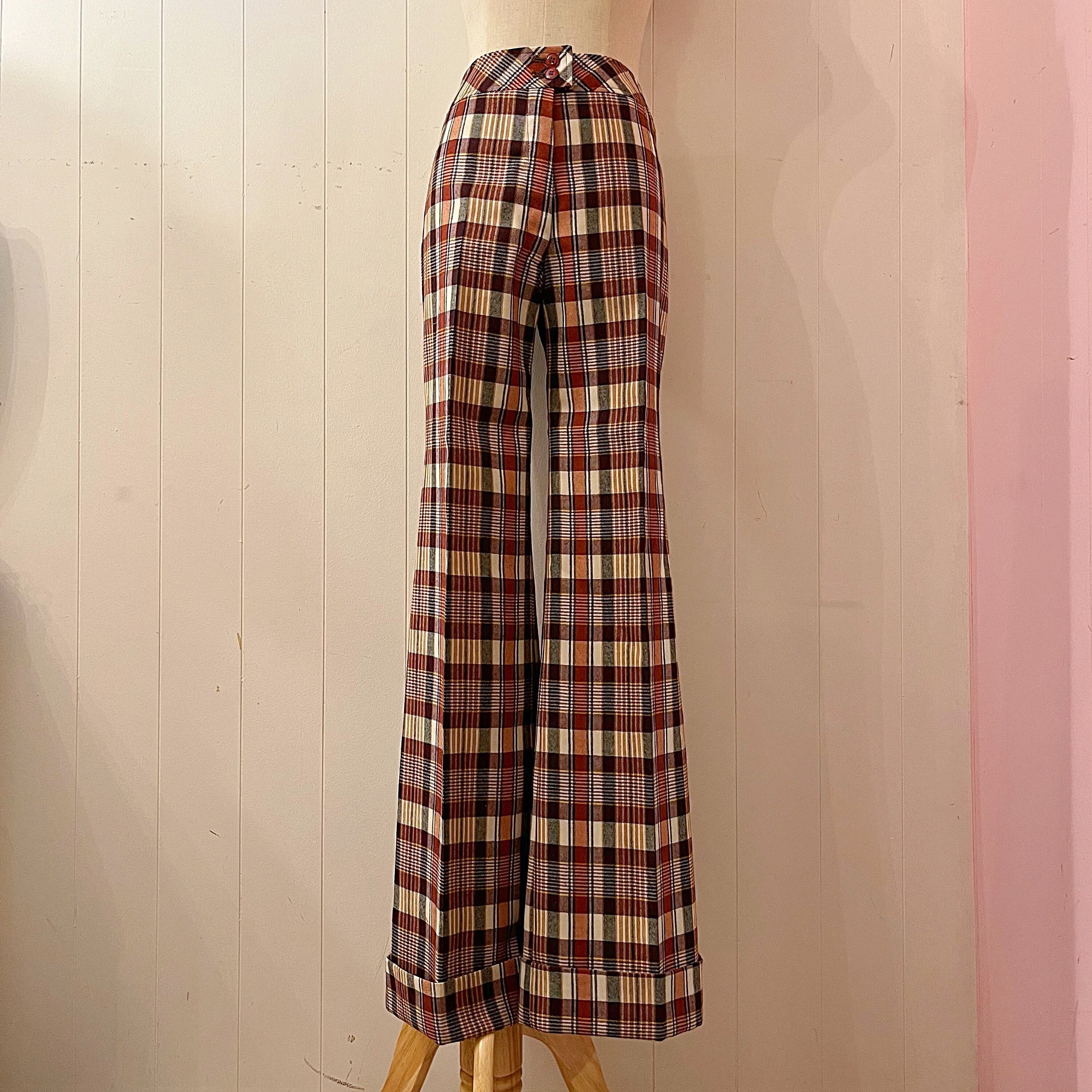 orange brown check bell bottom pants