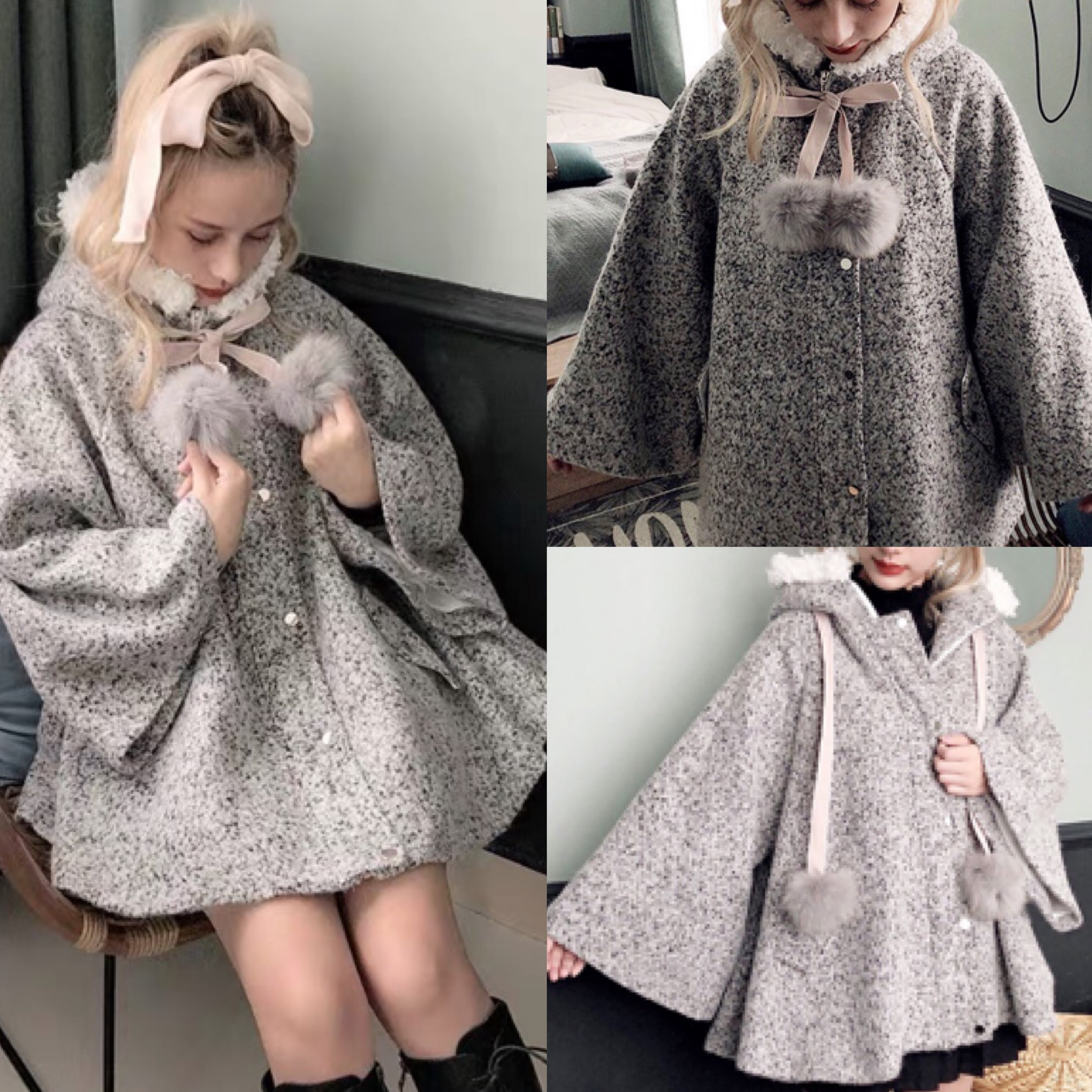 ぽんぽん ポンチョ コート リボン グレー ねずみ トップス アウター