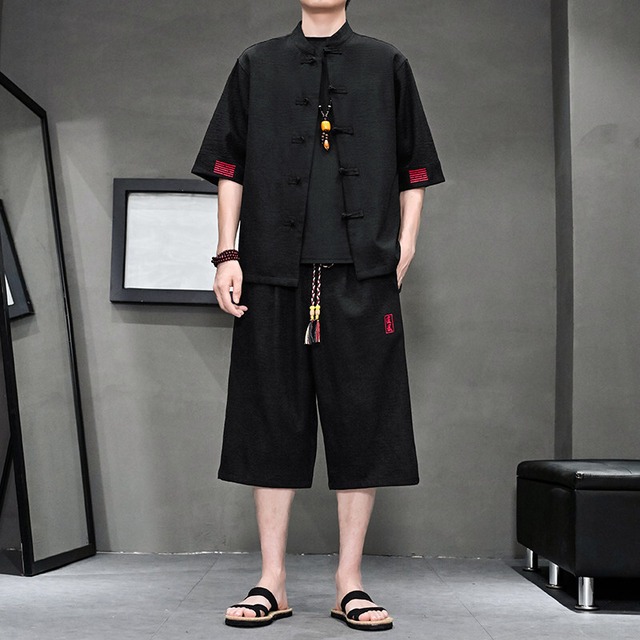 【HKシリーズ】★チャイナ風セットアップ★ 2color トップス+七分丈ズボン 2点セット ユニセックス 五分袖 夏服 カジュアル