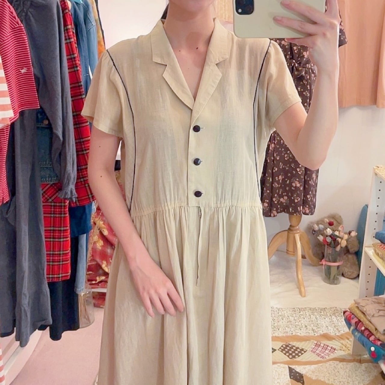 beige open collar one-piece