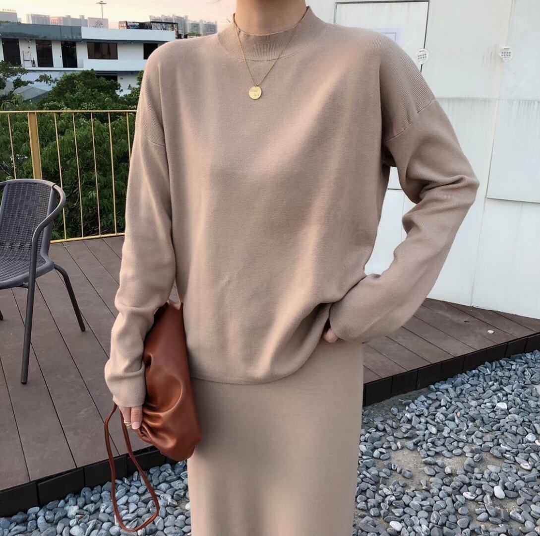 ボトルネックプルオーバー& Iラインスカート ニットセットアップ　AJ1050-9056 