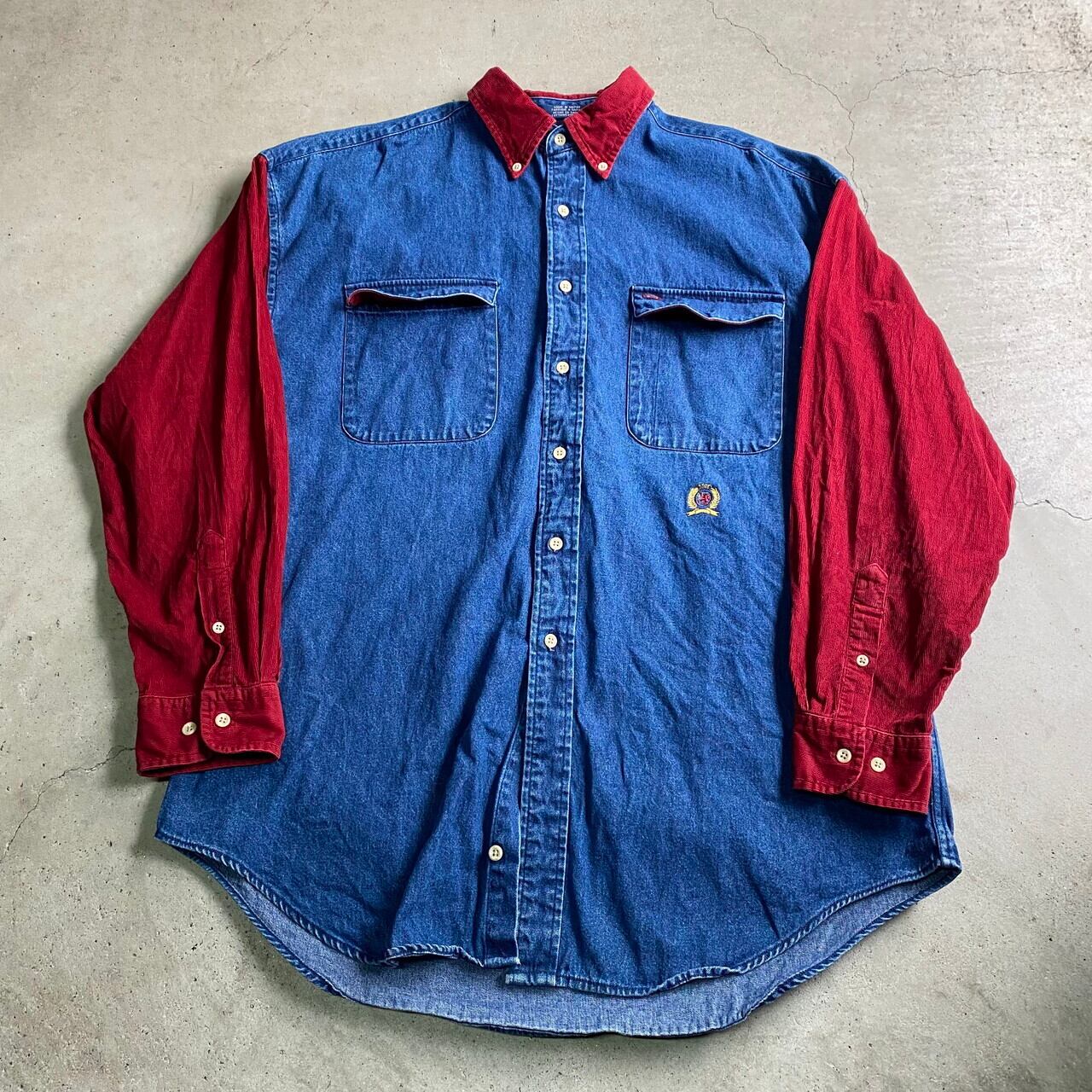 90年代 TOMMY HILFIGER トミーヒルフィガー 長袖 コーデュロイ×デニムシャツ メンズXL相当 古着 90s ビンテージ ヴィンテージ  レッド 赤色【長袖シャツ】【CS2301-40】【AN20】 | cave 古着屋【公式】古着通販サイト