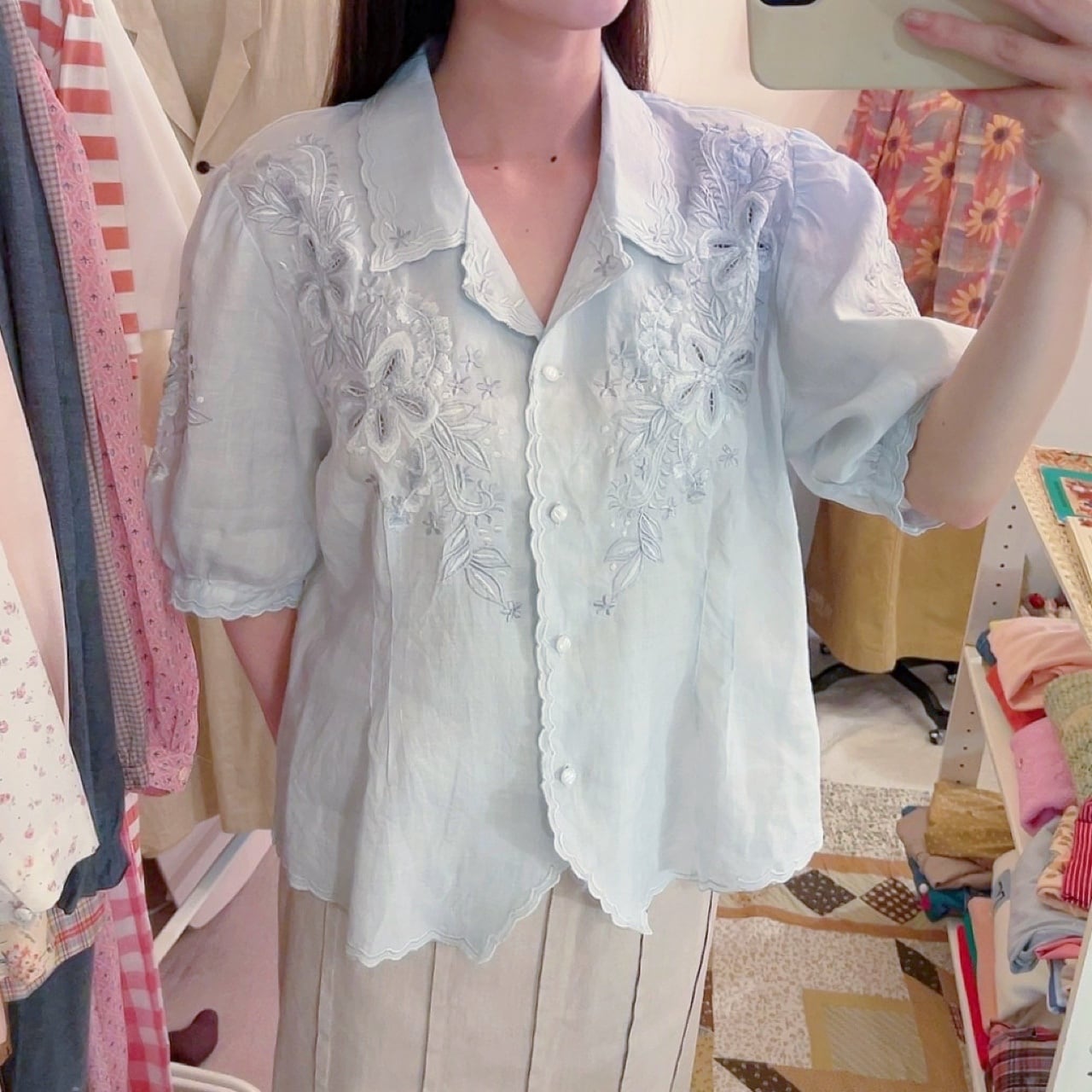 light blue flower embroidery blouse