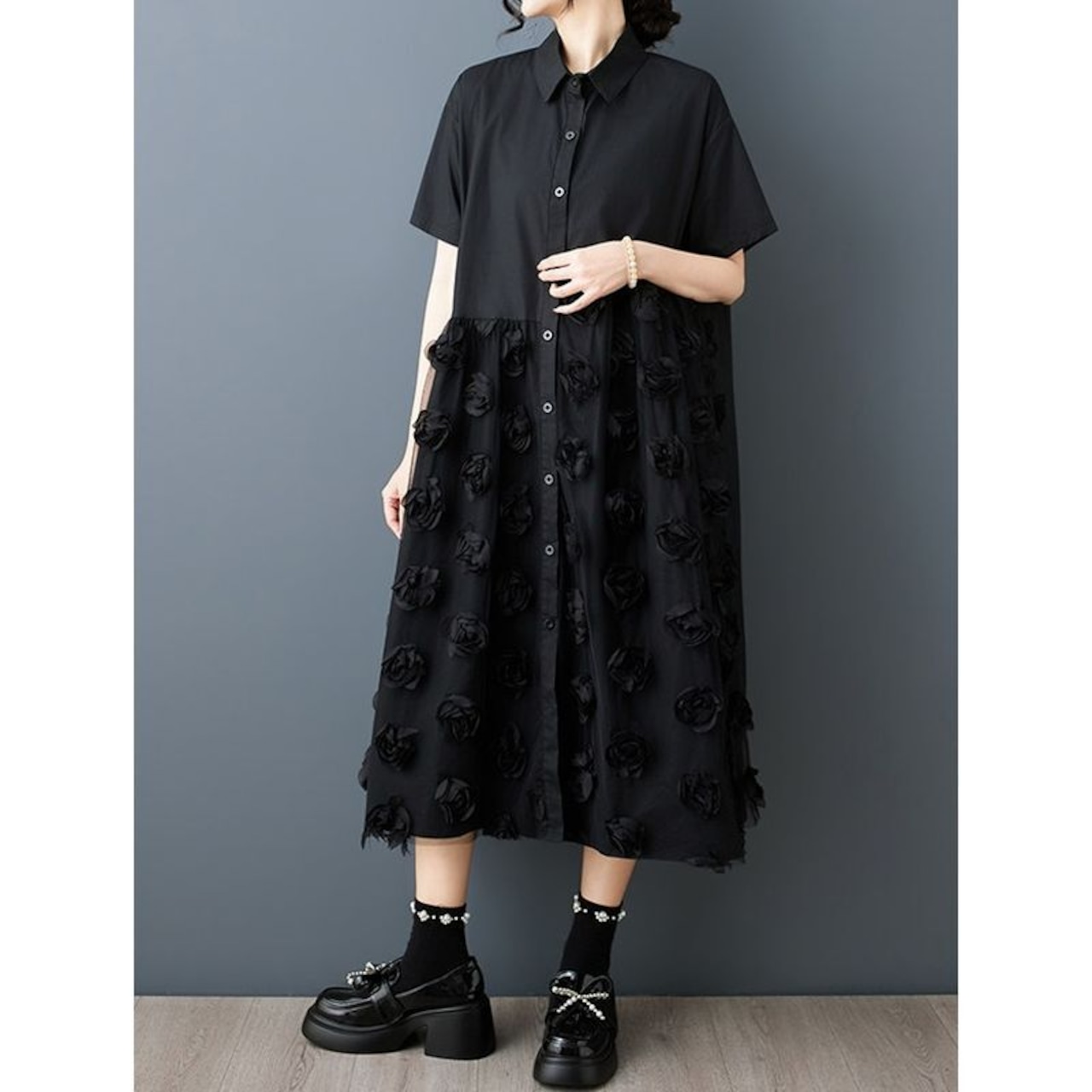 3Dローズ柄 ロング シャツワンピース 30251