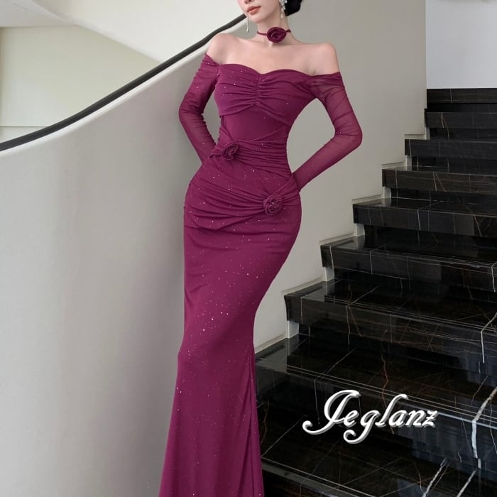 パーティ イブニングドレス 立体フラワー シャイニー ラメ 光沢感 2色(MB505)ζ☆