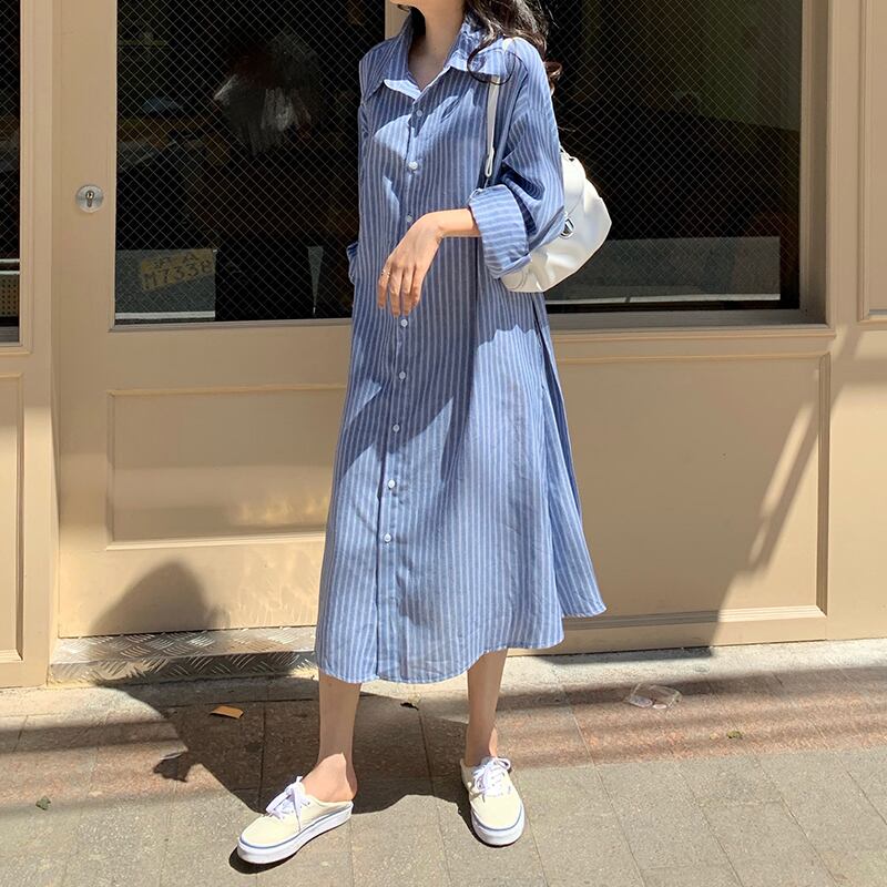ストライプ柄シャツ ロングワンピース シャツワンピ 羽織 ウエストリボン Qrea Style プチプラ 韓国ファッション