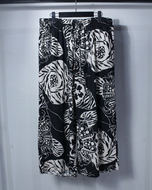 【Caka Black】Botanical Pattern Vintage Linen × Rayon Easy Pants