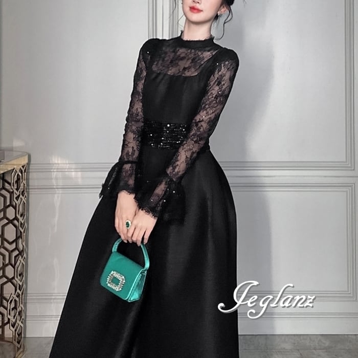 パーティ ブラック ドレス ワンピース 刺繍 レース 光沢感(MB304)ζ
