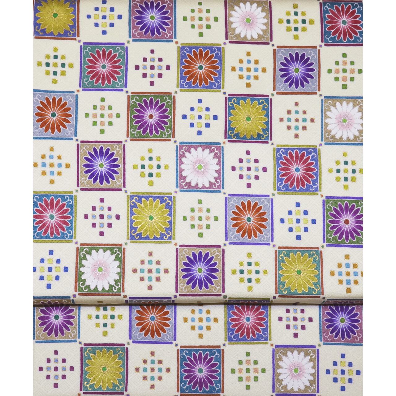 手描き友禅 染名古屋帯「菊花市松模様」