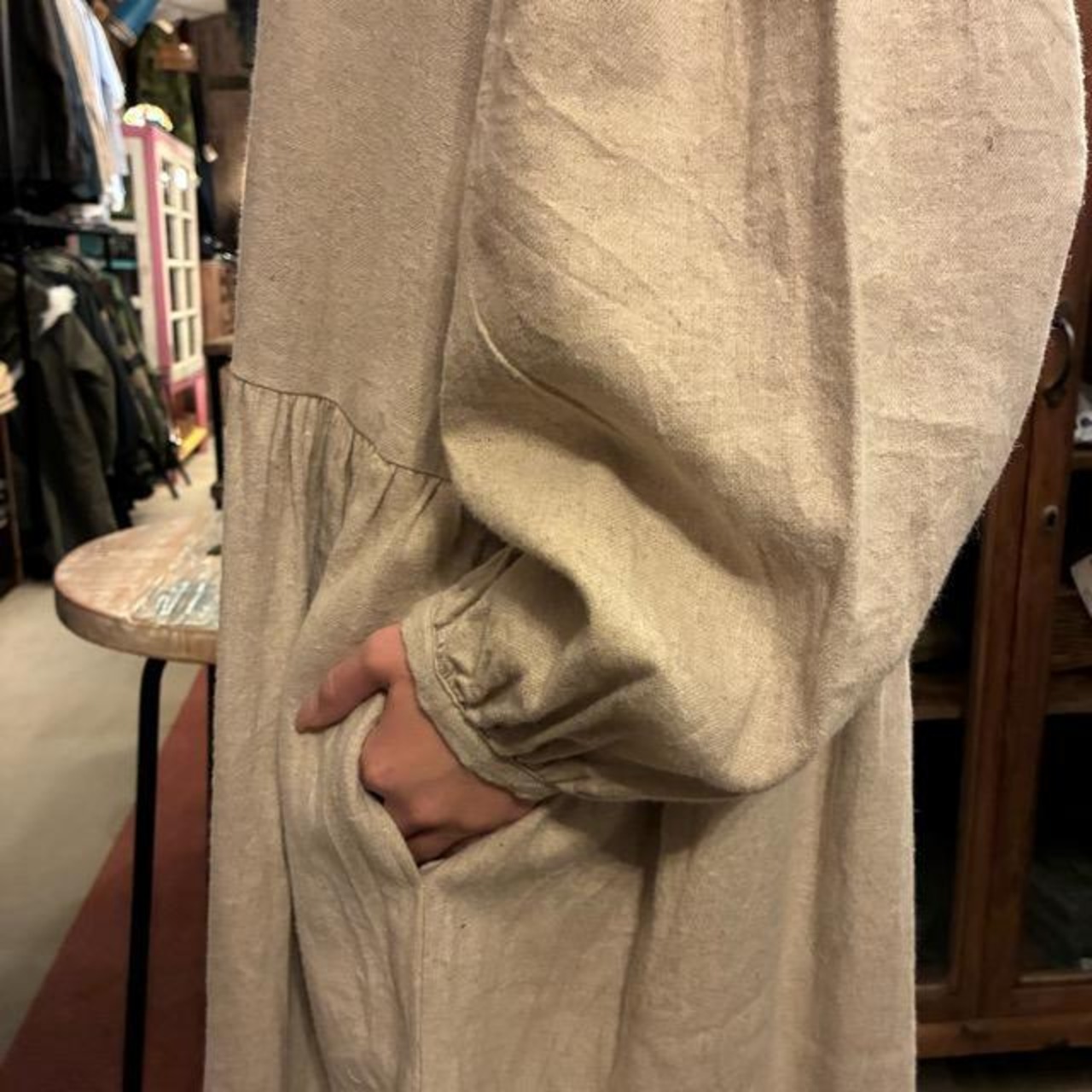 UNIVERSAL SEVEN Cotton-Linen Brushed Twill Gown Dress, Off-White, Long, Made in Japan, Long Jacket, Open-Front　