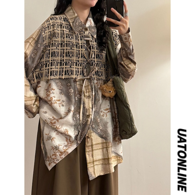 ♥一枚で二重の優しさ！【UATONLINEシリーズ】★チャイナ風トップス★ ユニセックス フェイクレイヤード シャツ プリント レトロ