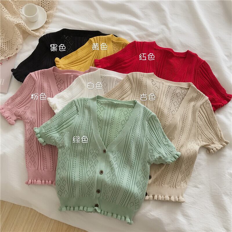 2020年バージョンの夏のVネック半袖ウエスタンスタイルブラウス、木製の耳、短く、小さく、薄く、ニットの中空ネットレッド YY-ファッション87377657829