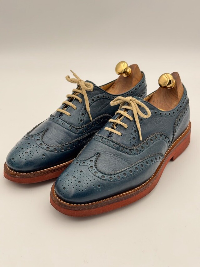 4都市 チャーチ Church's フルブローグ ウィングチップ UK6.5F シカ革 ディアスキン 青 ブルー 目安25cm 81ラスト DOWNTON