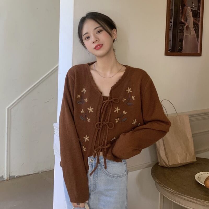 セーター スプリングオータムスタンダードスタイルルーズ薄手ニットカーディガン レッド レトロ レース 刺繍 春物 秋物 レースアップ 1号婦人77338922938