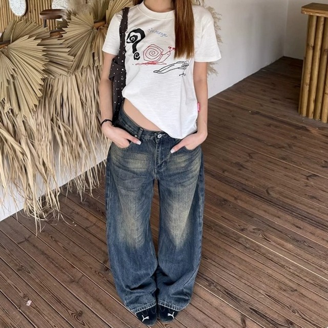 ユーズドウォッシュバックレターグラフィックデニムパンツ 1col R02642