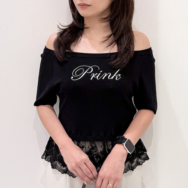オフショルロゴレースペプラムニット