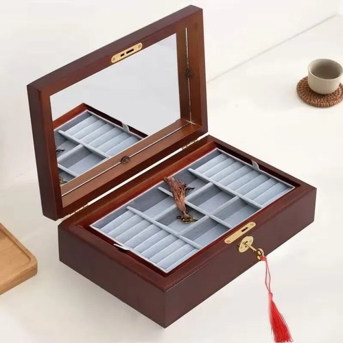ウォールナット  アクセサリーケース ジュエリーボックス アクセサリー 収納 アクセサリーケース 木製 おしゃれ 大容量 ガラス イヤリング ネックレス 可愛い おしゃれ ミラー付き 蓋付き ２層 ユニセックス 女性 男性 ギフト アンティーク調