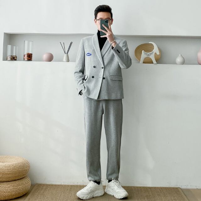 【予約販売】メンズ セットアップ スーツ 無地 スエット カジュアル ベーシック シック スリム 男前 ブラック グレー ジャケット パンツ セット セットアップ ビジネス 通勤 フォーマル パーティ 二次会 同窓会 結婚式 韓国 トレンド 大きいサイズ S/M/L/XL