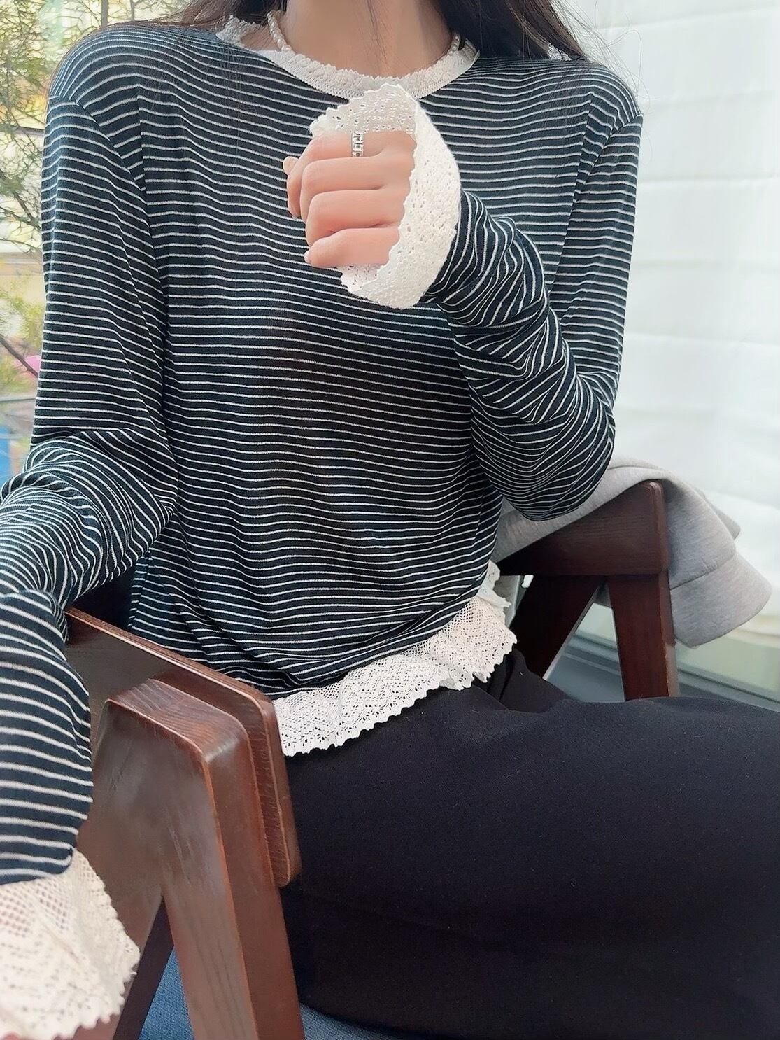 Flank lace combi tee / navy(4月中旬頃発送予定)