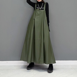 DRAPE LEATHER A-LINE LONG JAMPER SKIRT 2colors M-3948