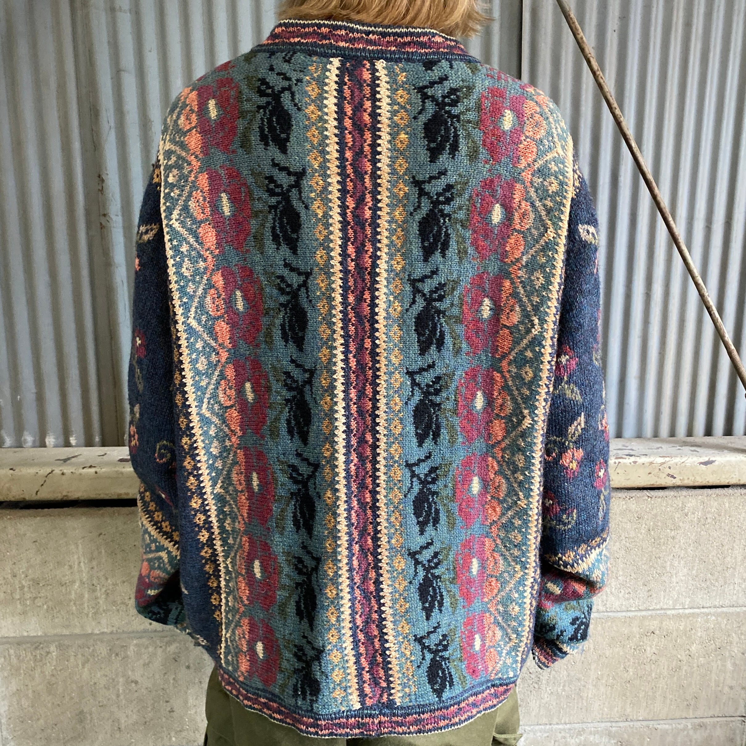 90年代 icelandicdesign 花柄 総柄 メタルボタン ウールニット 