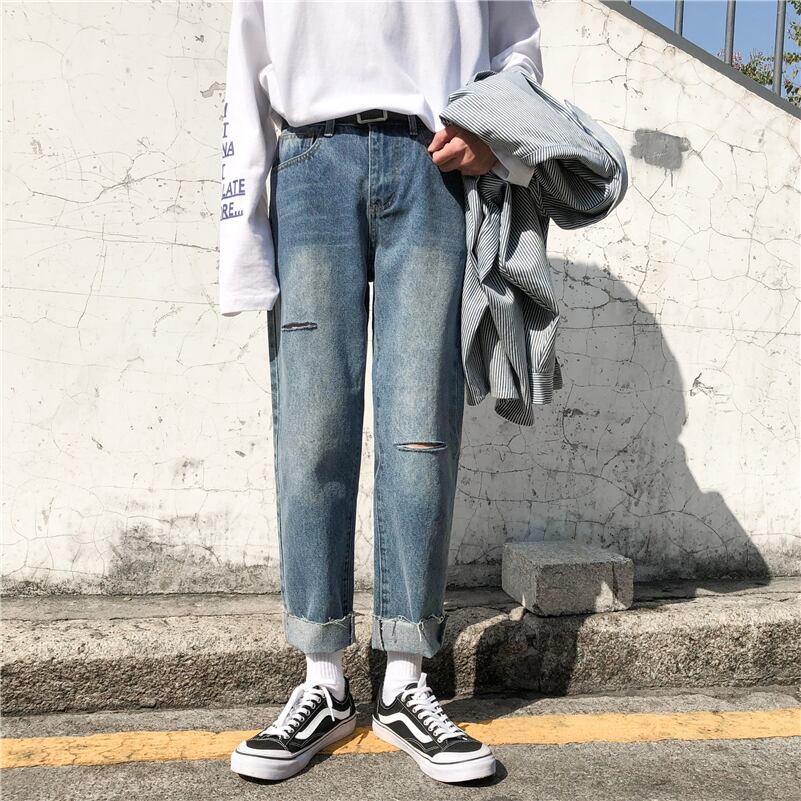 全1色 デニム パンツ ストレート カジュアル ワイド クラッシュ