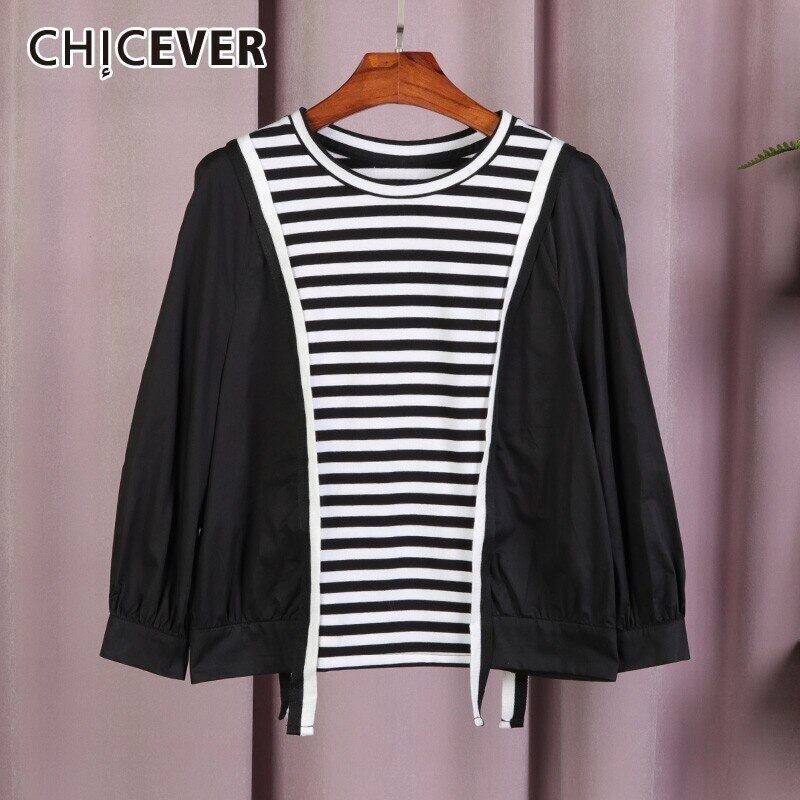 CHICEVERサマーストライプヒットカラーパッチワークレディースTシャツOネックバットウィングスリーブルーズ2019 夏物 6base570578541499