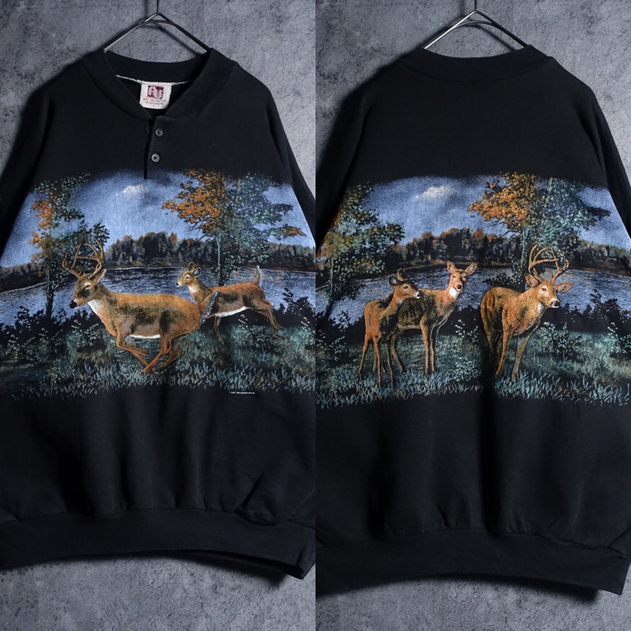 90s “ART UNLIMITED” Black Deer Landscape Print All Over Design Sweat