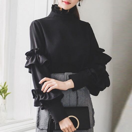 トップス レディース ブラウス S M L XL ブラック 長袖 シャツ 無地 スタンドネック ハイネック フリル ボリューム袖 カフス 華やか シンプル きれいめ カジュアル フェミニン キュート 上品 大人可愛い おしゃれ 普段使い デート お出かけ 女子会 休日 旅行 通勤 パーティー お呼ばれ 着まわし 重ね着コーデ ファッション コーデ スタイル モテ 送料無料 こなれ感 ユニーク 韓国系 春 秋