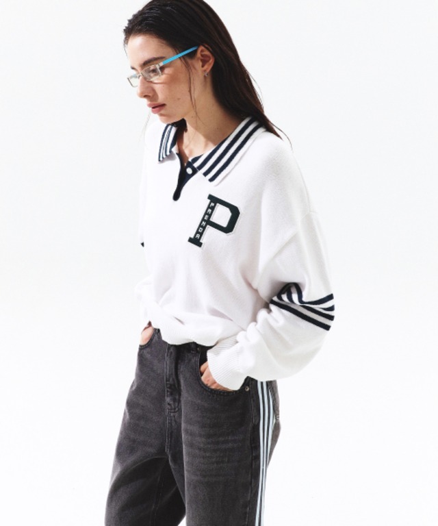 [PRENDA] P LOGO PATCH STRIPE LONG SLEEVE KNIT WHITE