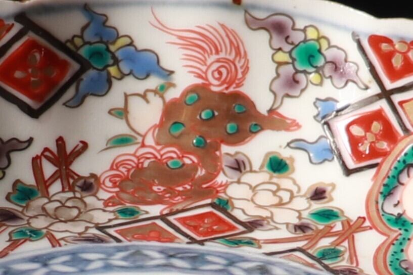 古美術柳　古伊万里 最上手 染錦 陽刻龍に牡丹獅子文 四方大鉢 江戸後期 古伊万里色絵団龍唐獅子牡丹文輪花なます皿　5客組
