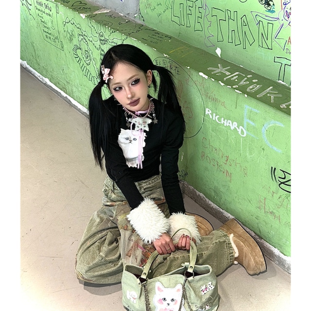 Hottieライトグリーン猫のショルダーバッグ